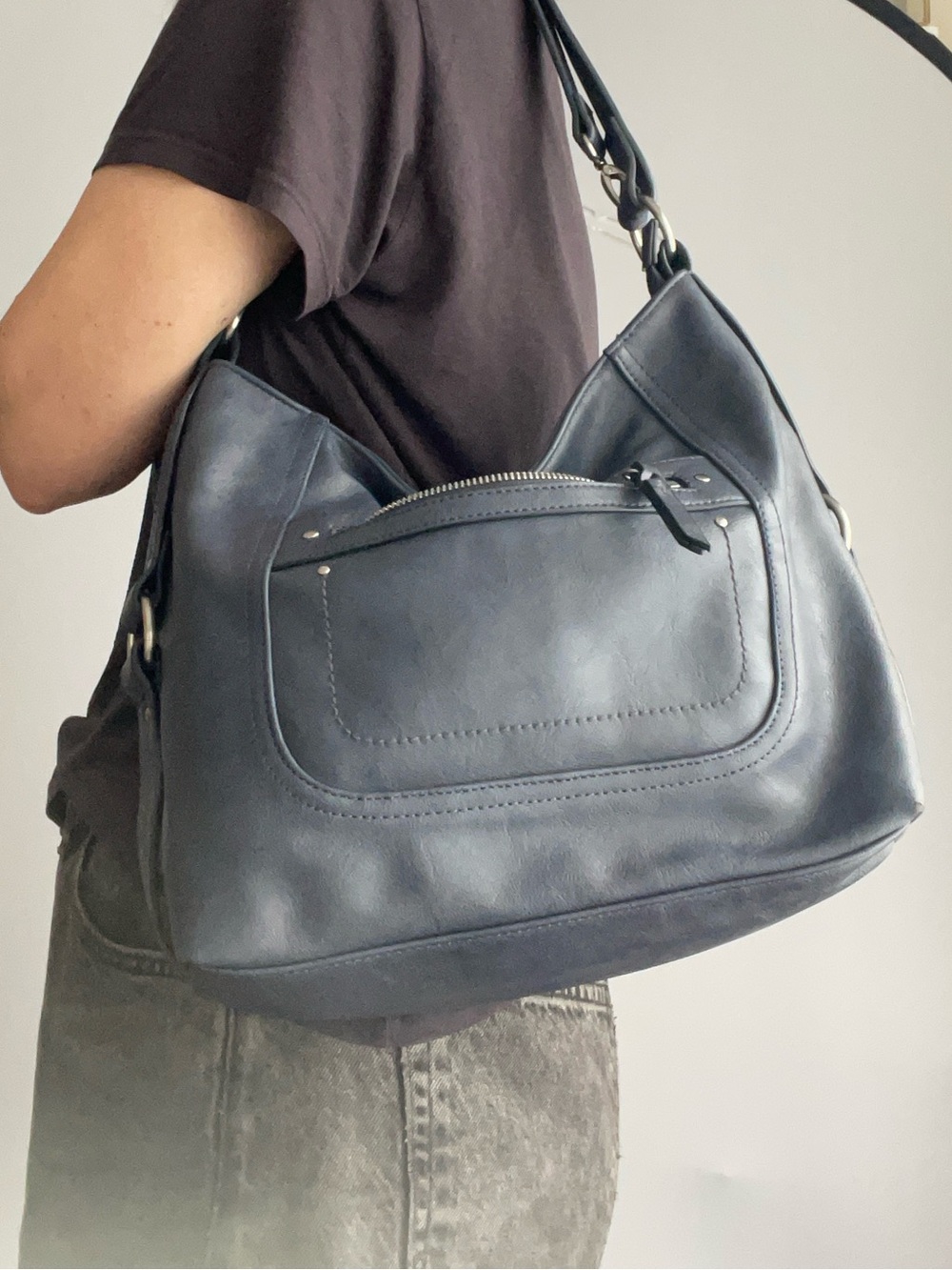 Faux Leather Hobo Bag Adjustable Strap Grey Slouchy